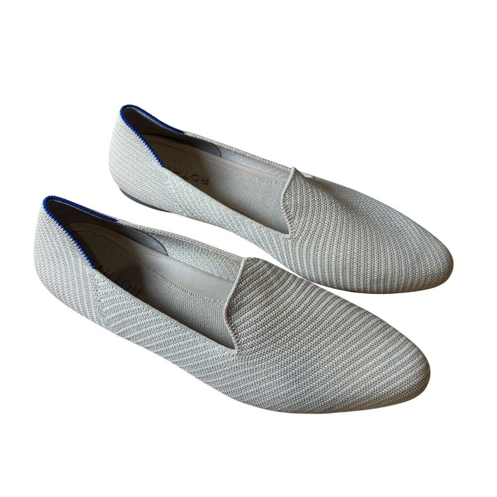 Rothy's Cream Knit Slip-On Loafers with Blue Trim